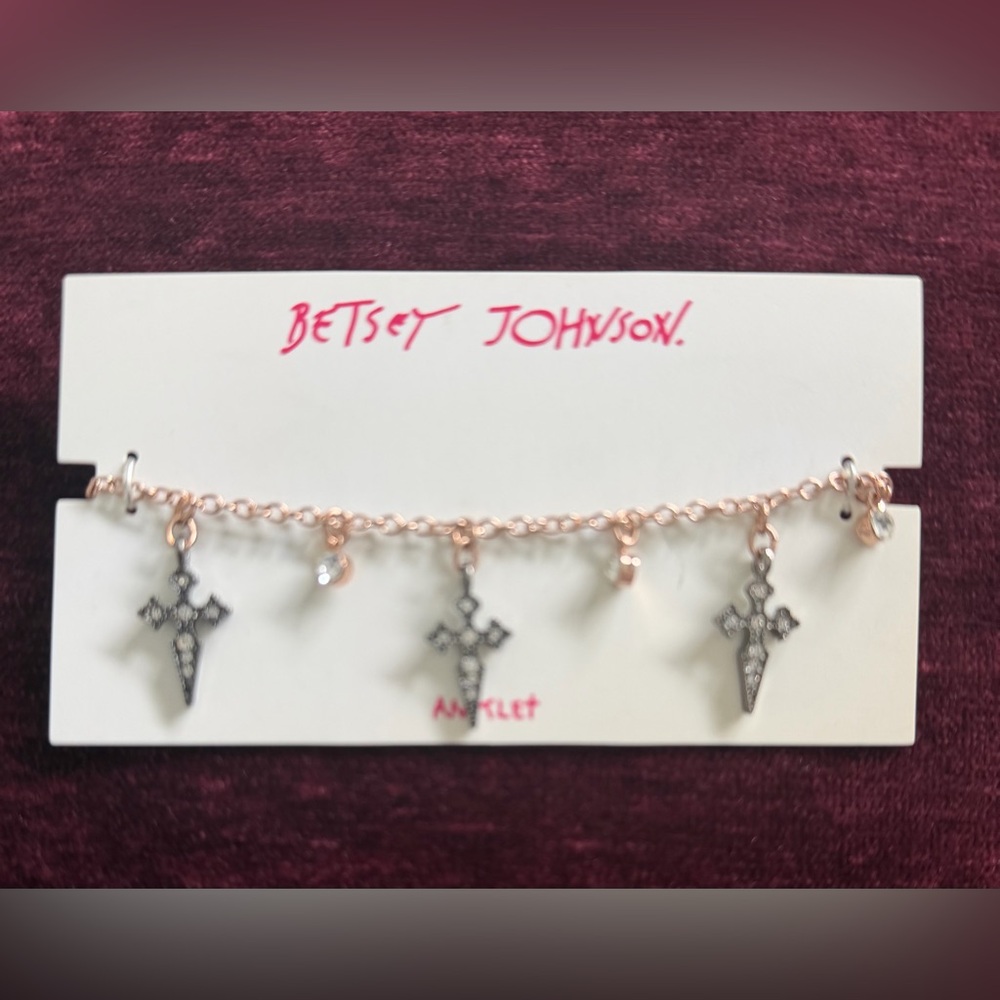 Betsey Johnson Rose Gold Cross Charm Anklet - Picture 2 of 4